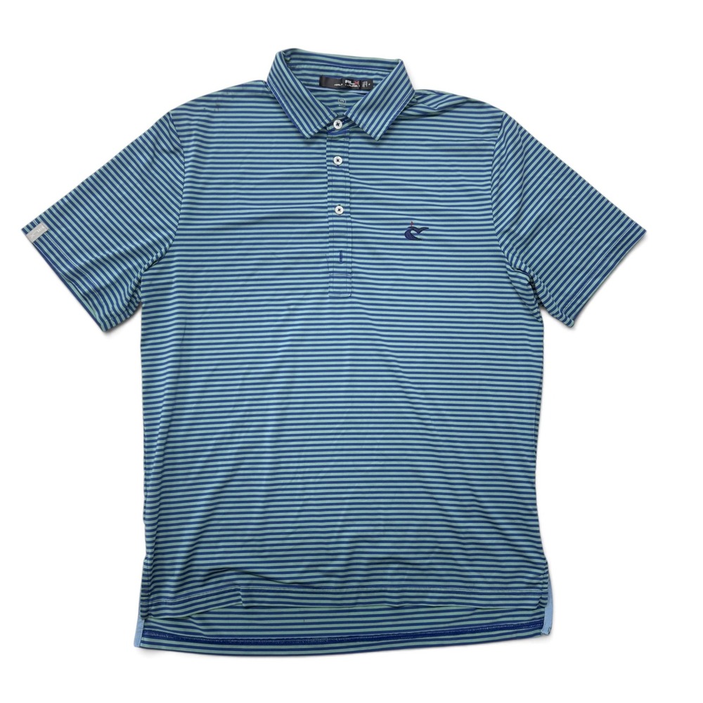 RLX Ralph Lauren Polo Shirt Mens Medium Blue Green Striped Golf Wicking Stretch